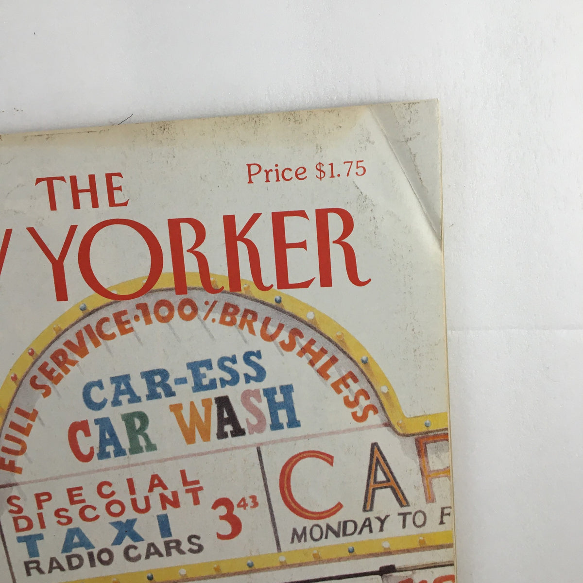 Detail of the cover of The New Yorker Full Magazine December 4 1989, displaying the title and featured artwork "Car Wash" by Ann McCarthy.