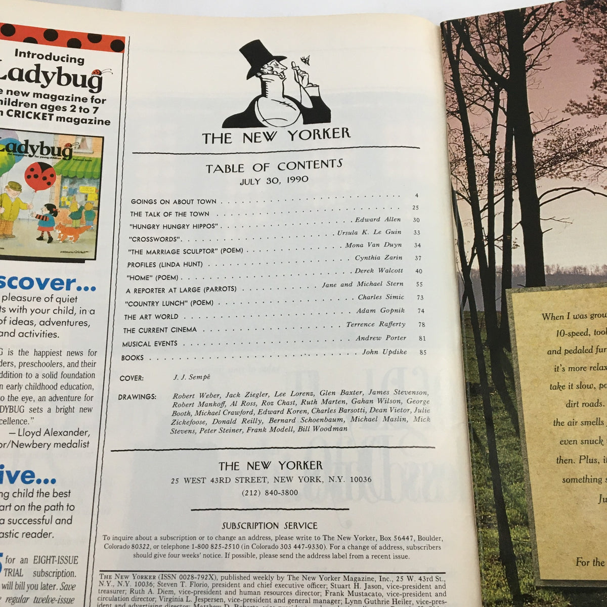 Table of contents from The New Yorker Full Magazine July 30, 1990, detailing featured articles and artists, including J. J. Sempé, within a vintage magazine layout.