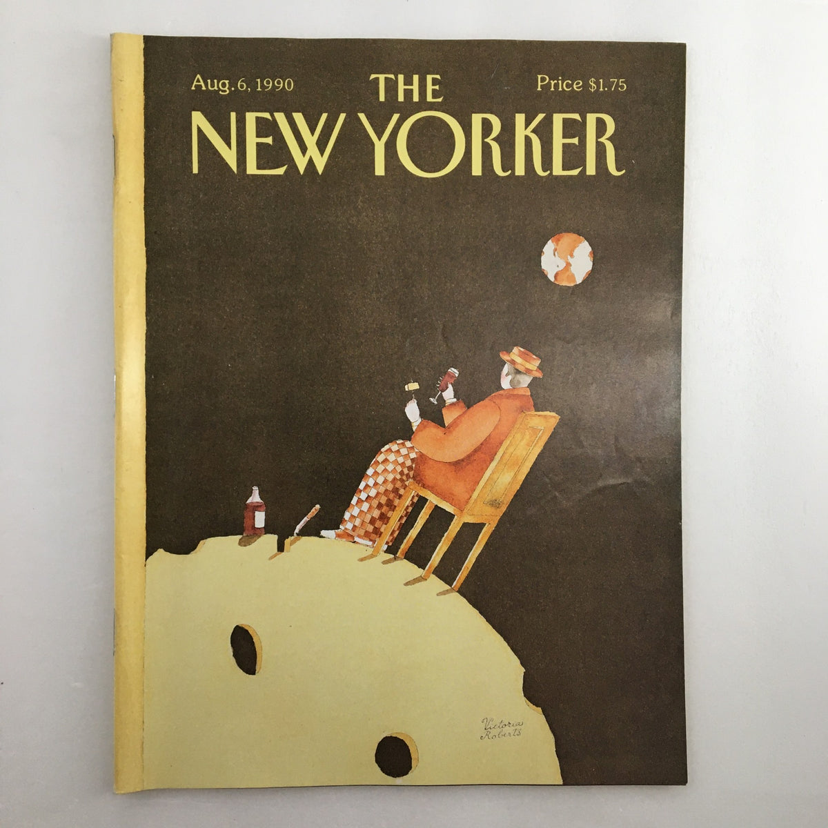 The New Yorker Full Magazine August 6 1990 with cover illustration titled "Man on the Moon" by Victoria Roberts, featuring a man sitting on the moon, reflecting the iconic moon landing achievement.