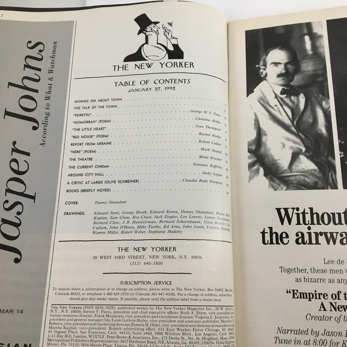 Table of contents from The New Yorker Full Magazine January 27 1992, showcasing articles and contributions with a focus on cultural commentary and storytelling.