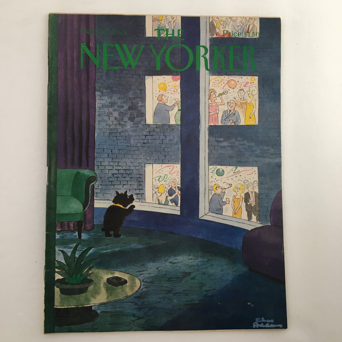 Cover of The New Yorker Full Magazine December 30 1985 featuring artwork by Charles Addams, depicting a cat observing party scenes through a window, reflecting the festive culture of the 1980s.