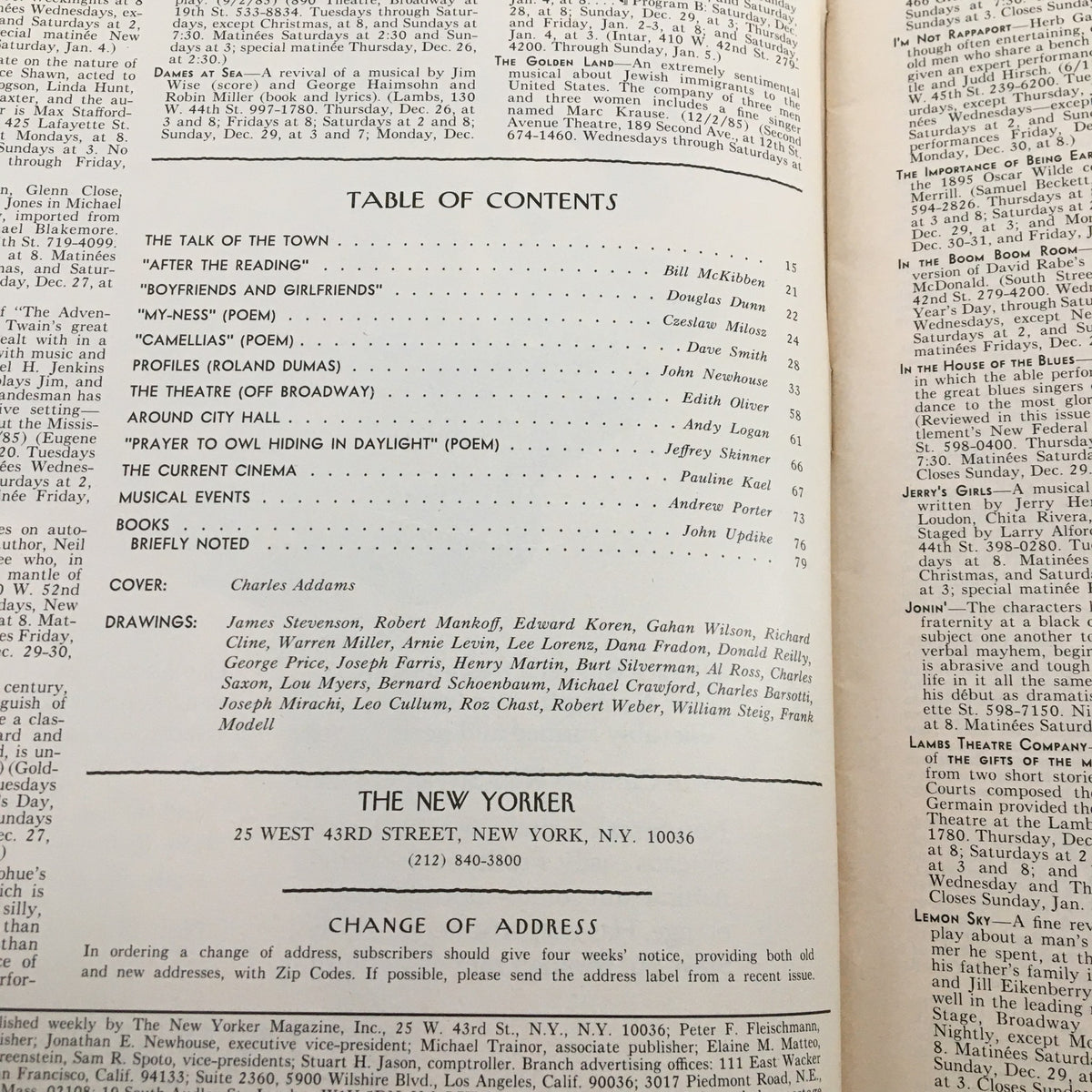 Table of contents page from The New Yorker Full Magazine December 30 1985, listing various articles and illustrations, including the cover by Charles Addams.