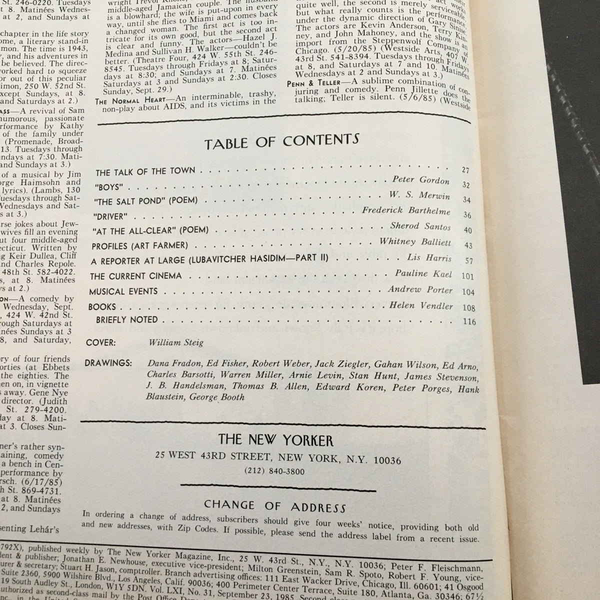 Inside view of The New Yorker Full Magazine September 23 1985, showing the table of contents with a cover by William Steig.