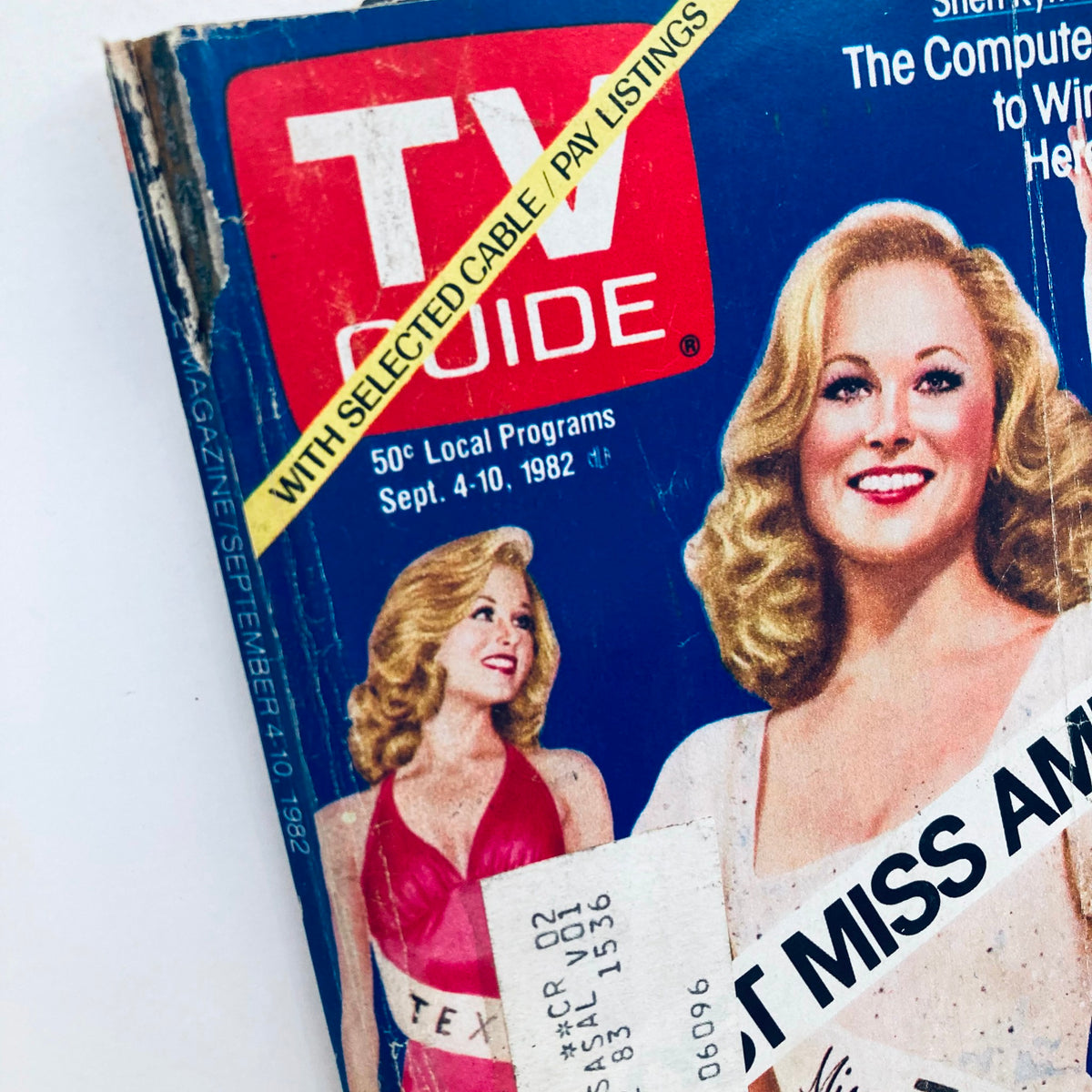 Close-up of TV Guide Magazine September 4 1982 named Almost Miss America, highlighting the cover story with Miss Texas '81 and relevant cable listings.