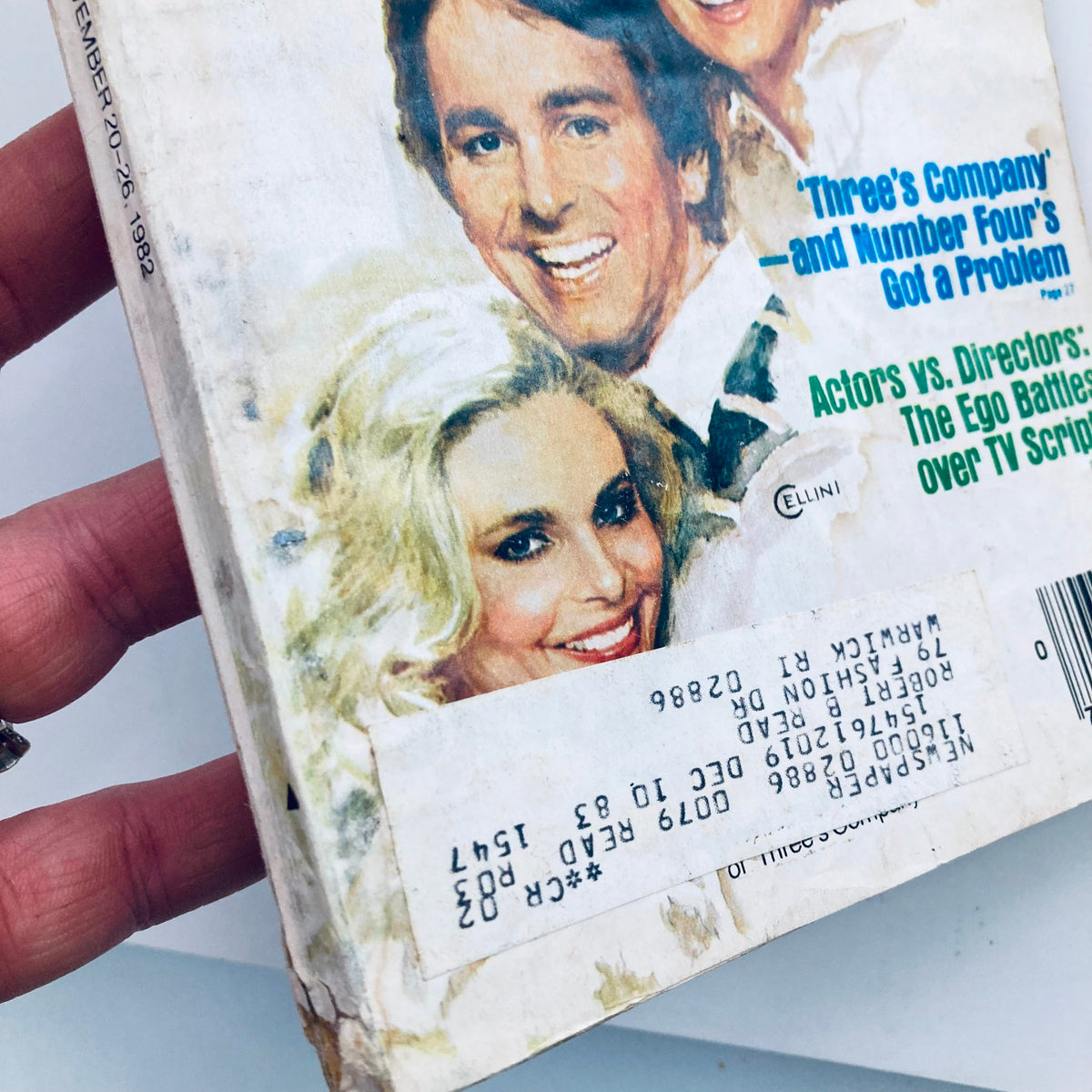 Close-up of TV Guide Magazine November 20 1982 cover, highlighting the cast of Three's Company and the accompanying text.