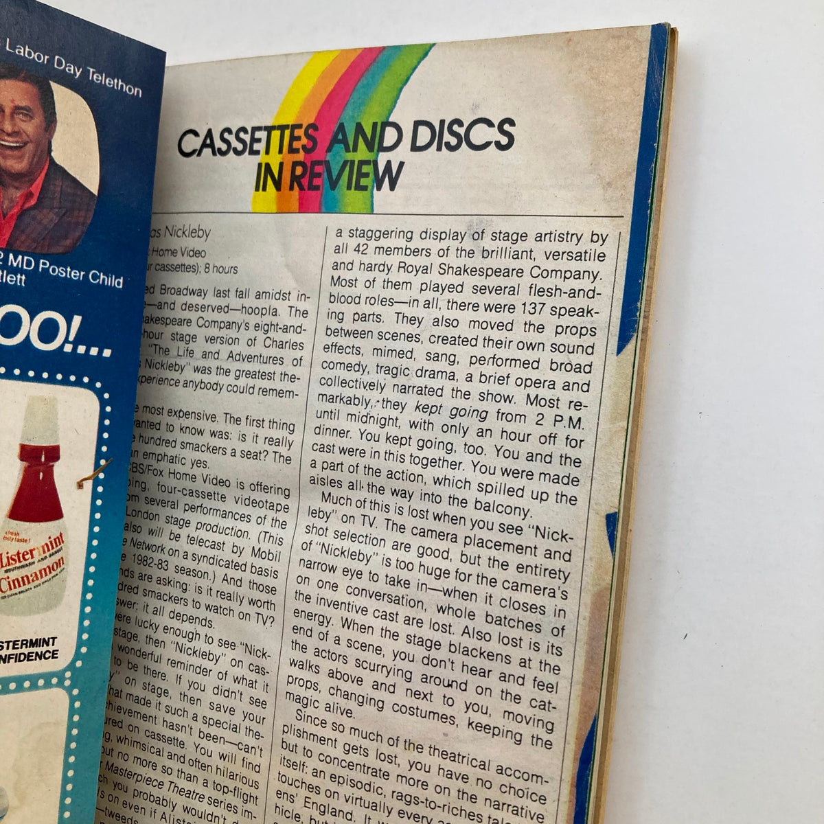 Another inside page of TV Guide Magazine from September 4, 1982 with the title 'Cassettes and Discs in Review', discussing video performances and stage productions, set against a colorful design.