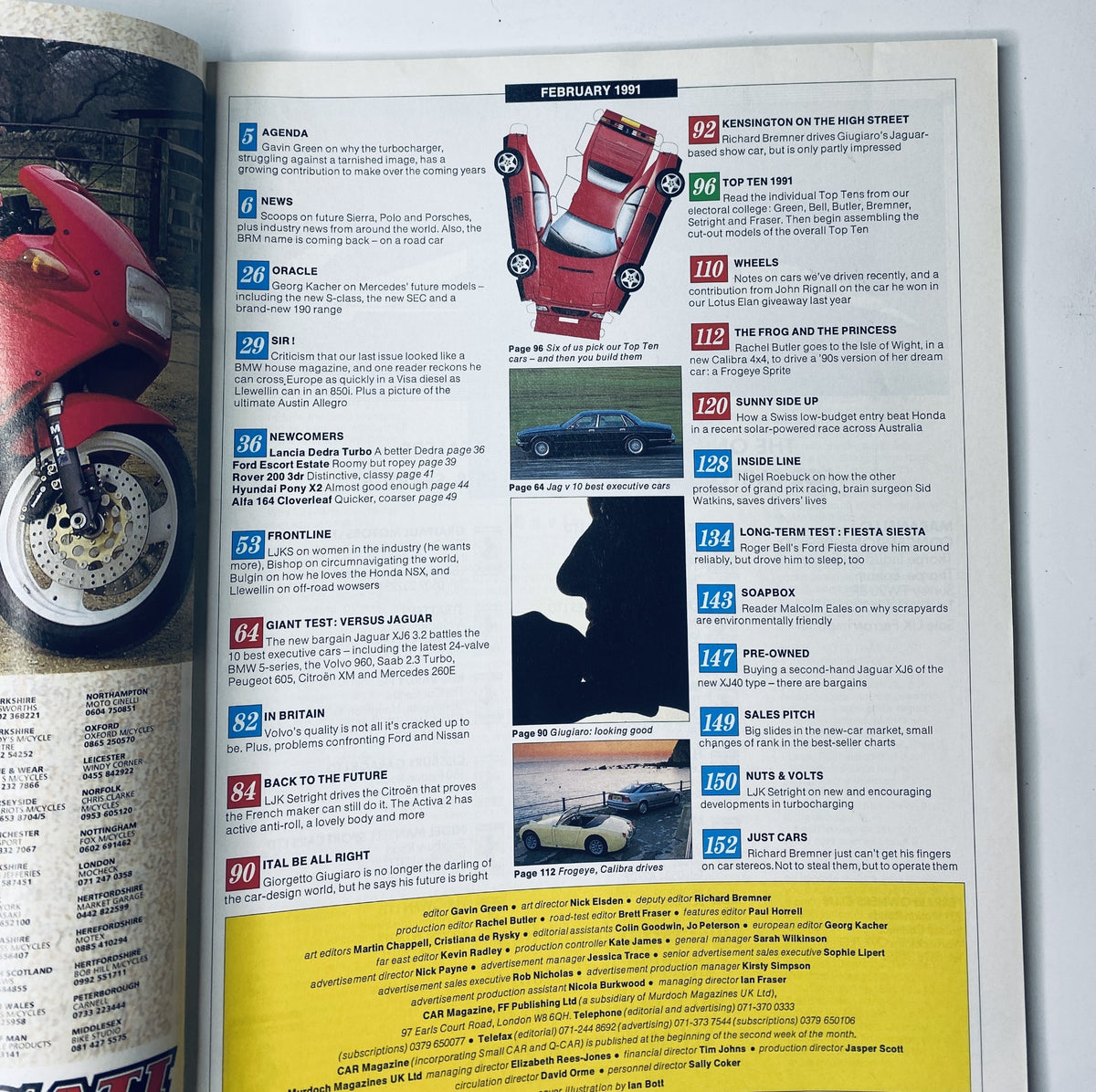 Interior page of CAR Magazine, February 1991, showcasing the Table of Contents with summaries for features including the 'Top Ten 1991' section and a review of the Jaguar XJ6.