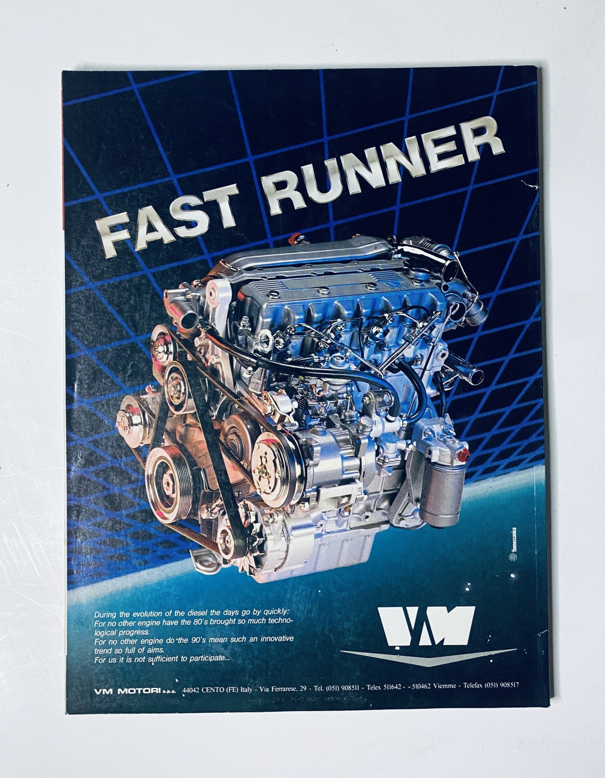 Advertisement for VM Motor's Fast Runner engine, showcasing cutting-edge engine technology with a focus on performance and innovation.