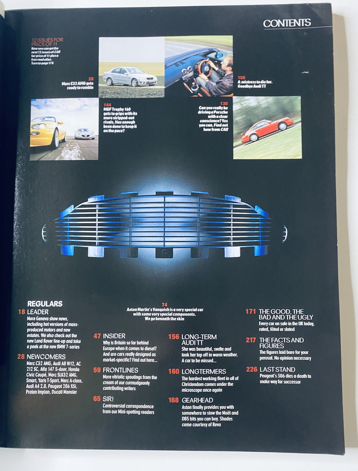 Table of Contents from CAR Magazine May 2001, showcasing articles on British automotive culture, including features on Aston Martin's Vanquish, MGF Trophy 160, and extensive coverage of new car models.
