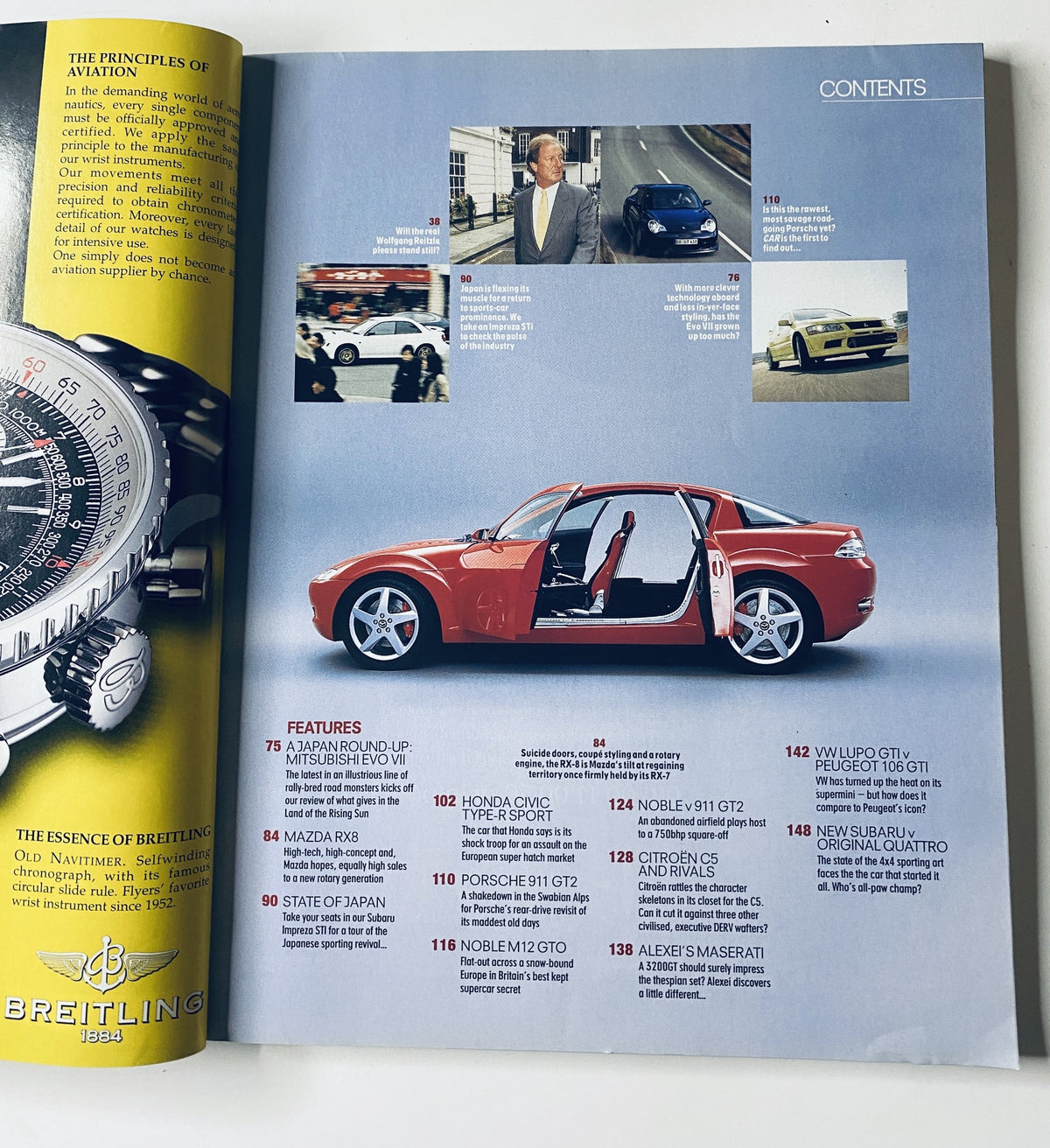 Contents page of CAR Magazine April 2001 featuring articles on Japanese sports cars including Mitsubishi Evo VII, Honda Civic Type-R, and Porsche 911 GT2.