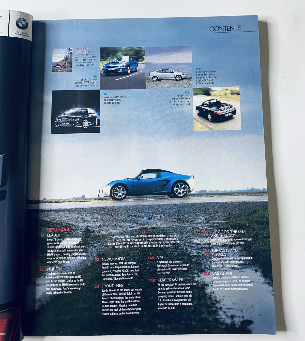 Table of contents page from CAR Magazine January 2001 listing features on Subaru WRX, Rover 75, Porsche Carrera 4, and more.