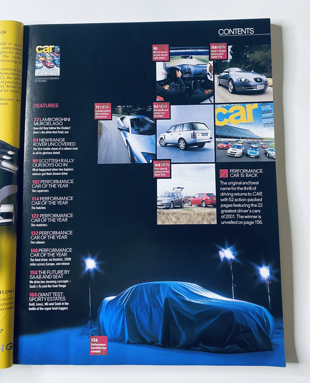 CAR Magazine December 2001 Performance Car of the Year edition showcasing the Table of Contents, featuring articles on Lamborghini Murciélago and Range Rover, highlighted alongside other performance cars.