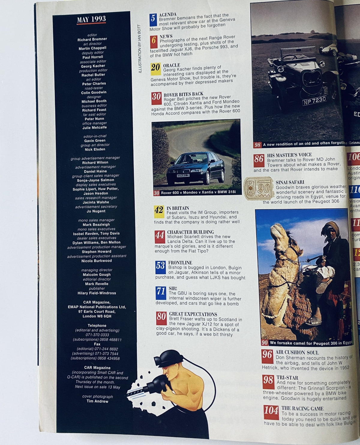 Table of Contents from CAR Magazine May 1993, listing featured articles including 'Agenda', 'Oracle', and 'Rover Bites Back'.
