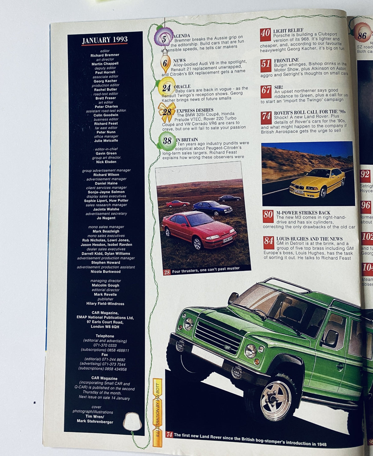 Table of Contents from CAR Magazine January 1993, highlighting sections like AGENDA, LIGHT RELIEF, and BRITAIN with images of the featured cars.