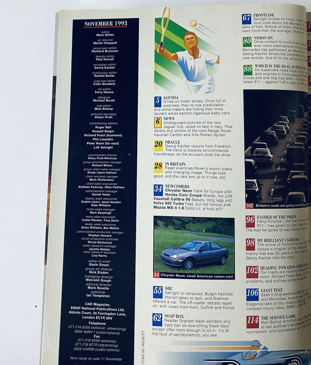 Table of Contents for CAR Magazine November 1993 highlighting various articles including news on motor shows, environmental trends in automobiles, and reviews of the latest car models.
