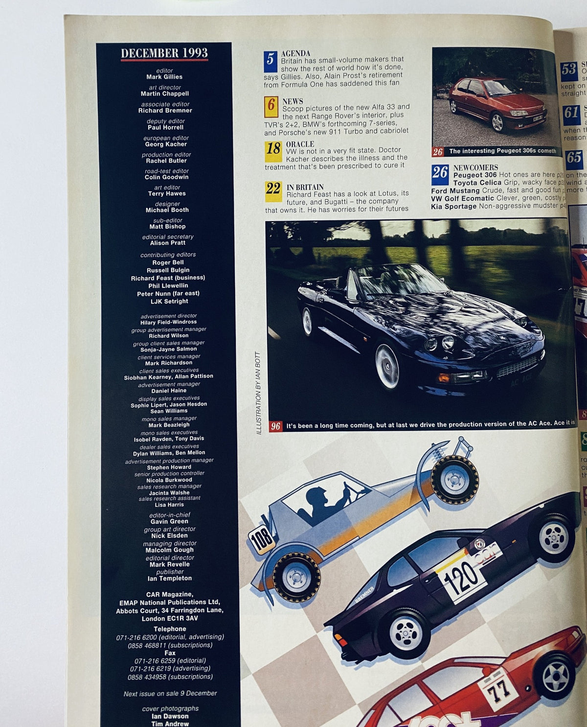 Table of contents page from CAR Magazine December 1993 listing articles including 'AGENDA', 'NEWS', and 'IN BRITAIN' focused on automotive highlights.