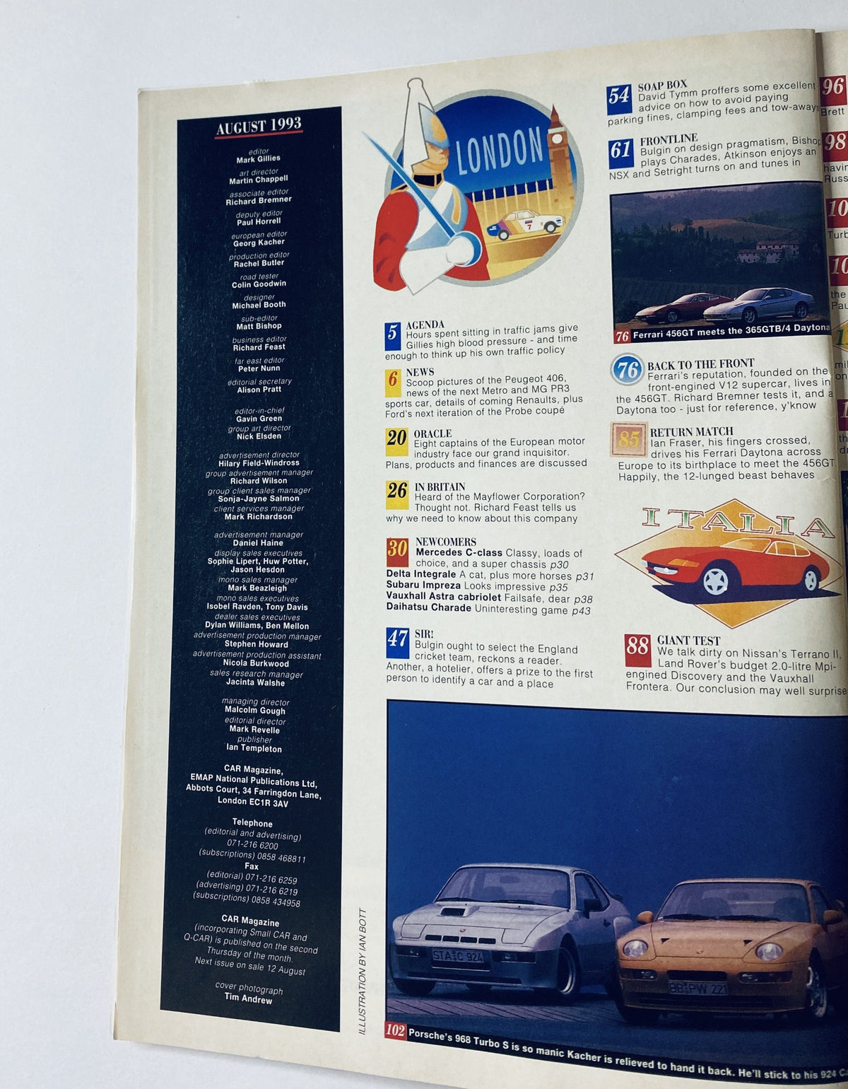 Table of contents from CAR Magazine August 1993, detailing articles on various automotive topics including the Ferrari 456GT and Daytona.