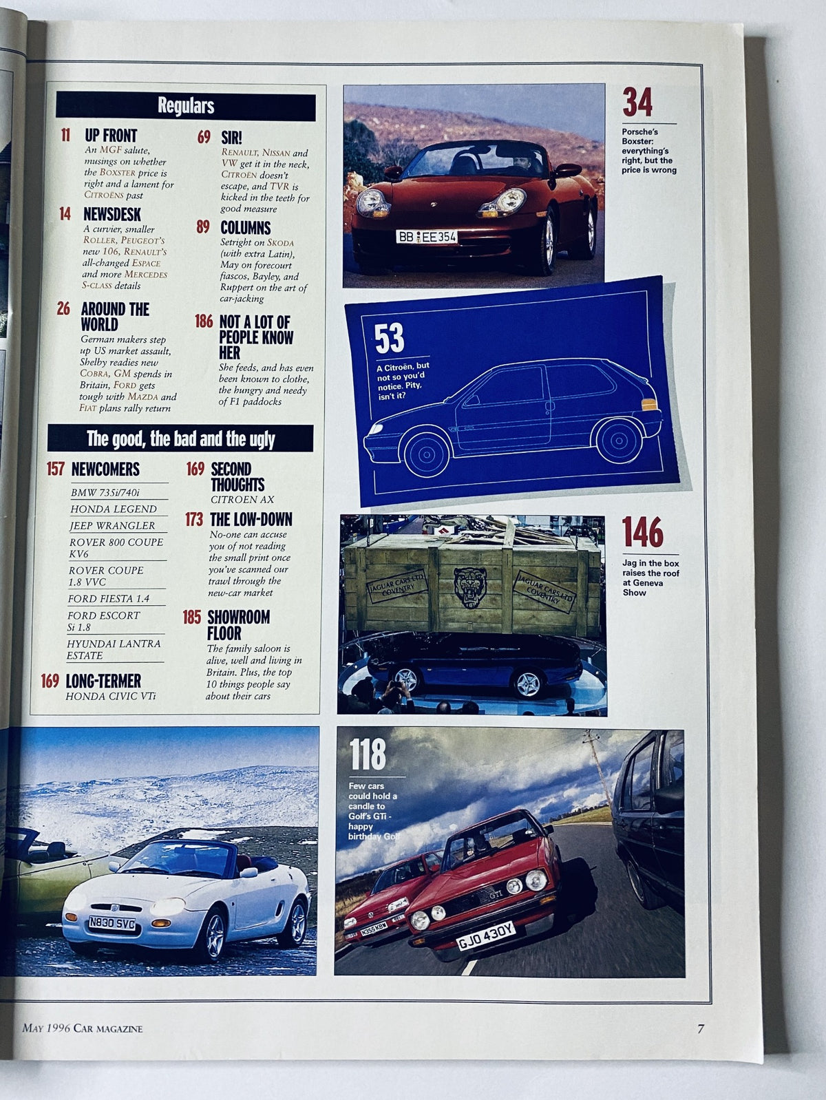 A page from CAR Magazine May 1996 featuring regular sections including an MGF salute, news updates, and vehicle reviews. Notable cars highlighted include the BMW Z3, Alfa Spider, and Porsche Boxster, showcasing their unique features and comparisons.