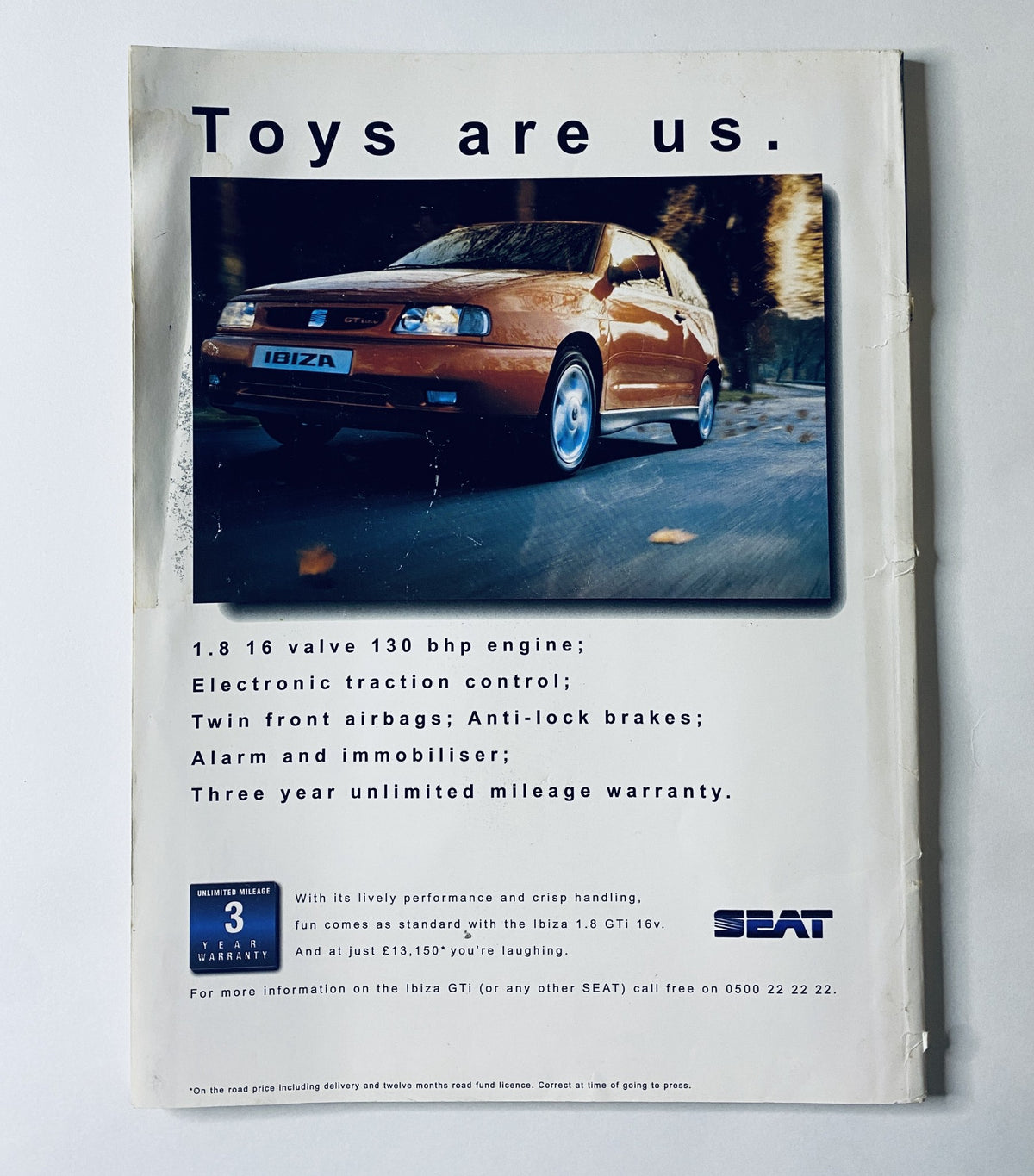 An advertisement for the SEAT Ibiza featured in CAR Magazine May 1996, highlighting its 1.8 16 valve engine, electronic traction control, and alarm system. This promotional material offers information on performance and warranty options.