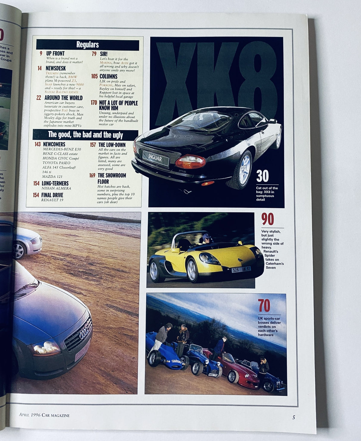 Content page from CAR Magazine April 1996 detailing various segments including 'Regulars', 'Tests and Features', and showcasing the Jaguar XK8 among other vehicles.