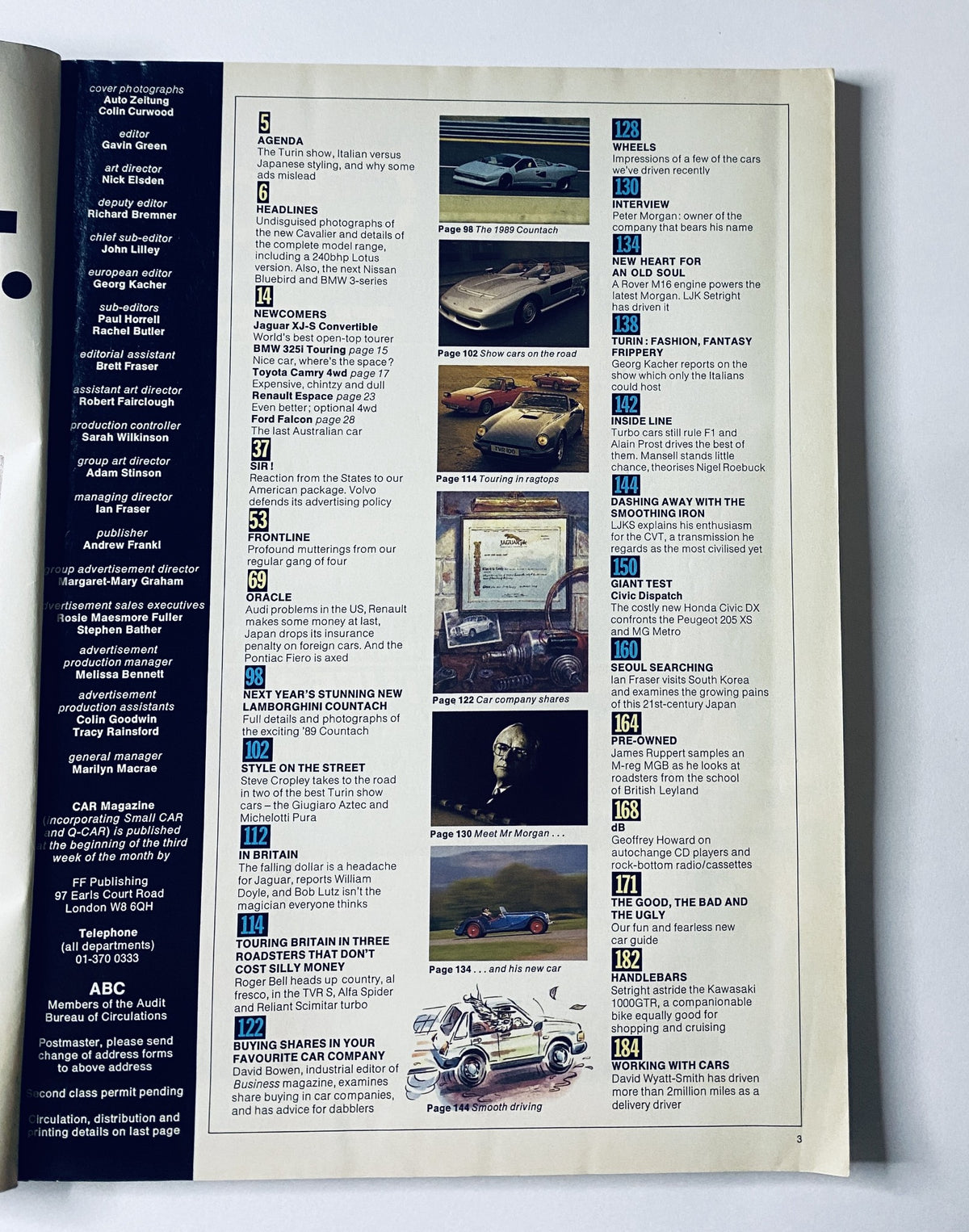 Table of contents from CAR Magazine June 1988, detailing articles including the Giugiaro Roadster, upcoming cars, and automotive insights.