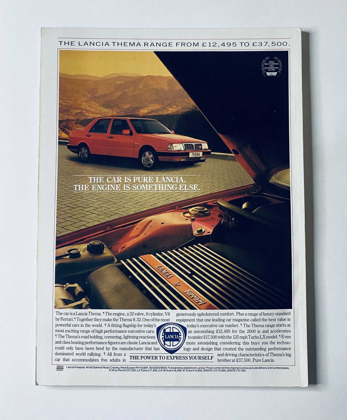 Advertisement for Lancia Thema in CAR Magazine June 1988, showcasing luxury features with an image of the engine, emphasizing performance.