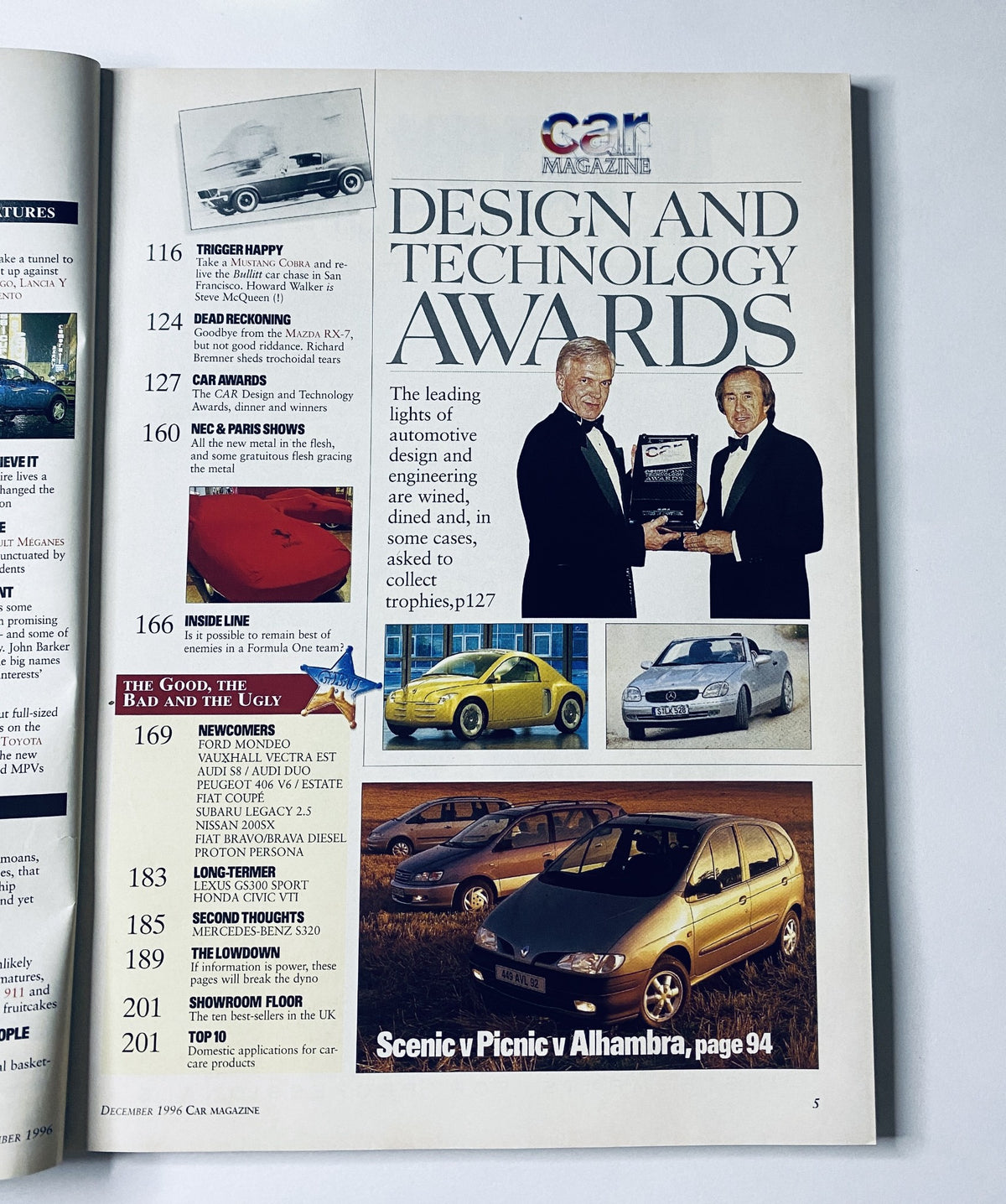 Design and Technology Awards feature in CAR Magazine December 1996 showcasing winners being presented with awards, highlighting automotive engineering innovations.