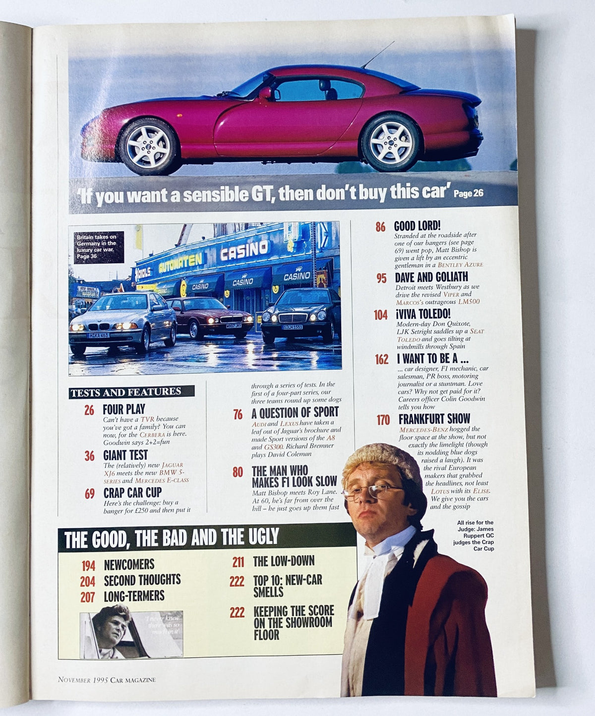Inside spread of CAR Magazine November 1995, featuring articles including 'The Good, The Bad and The Ugly' and a question of sport, along with a striking image of the new TVR Cerbera.