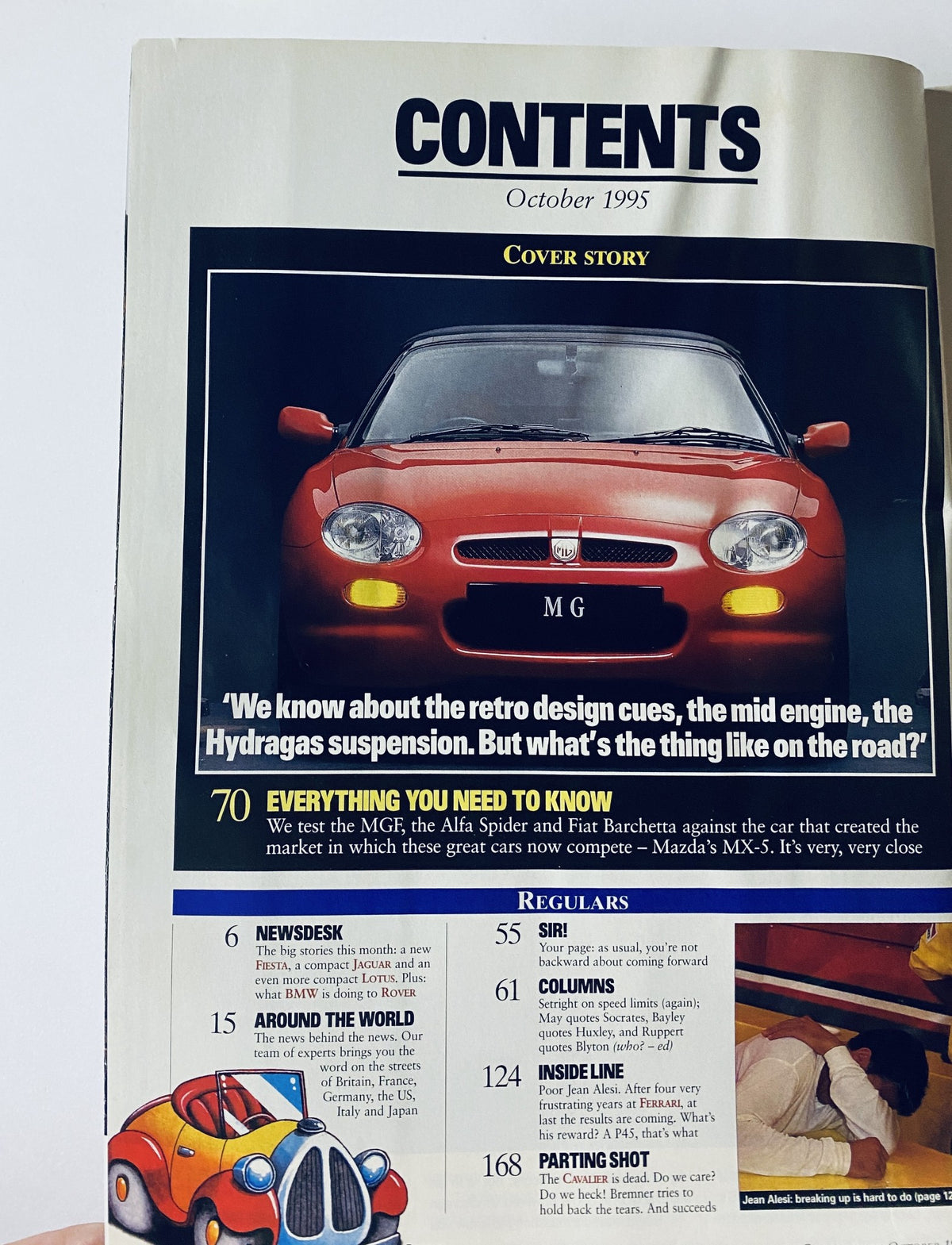 Table of Contents from Car Magazine, October 1995, detailing the cover story on the MGF, Alfa Spider, and Fiat Barchetta with an emphasis on their performance comparison against the Mazda MX-5.
