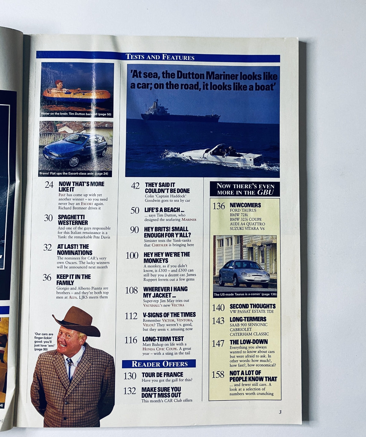 Features page from Car Magazine, October 1995, highlighting tests and features including articles on the Fiat Barchetta and Dutton Mariner, with images and summaries of automotive topics.