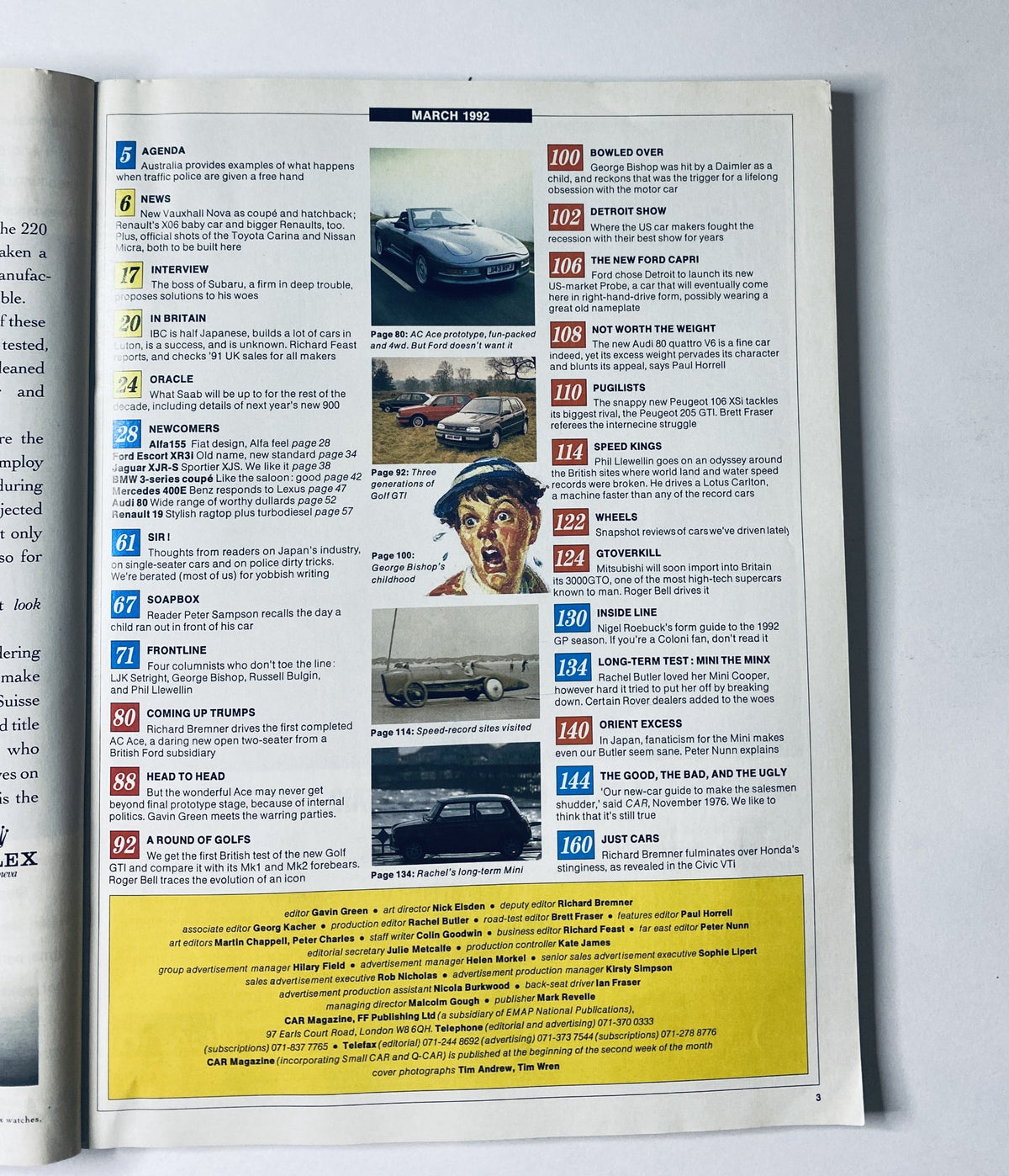 Table of Contents from CAR Magazine March 1992 showcasing features such as the AC Ace review and the new Golf GTI test.