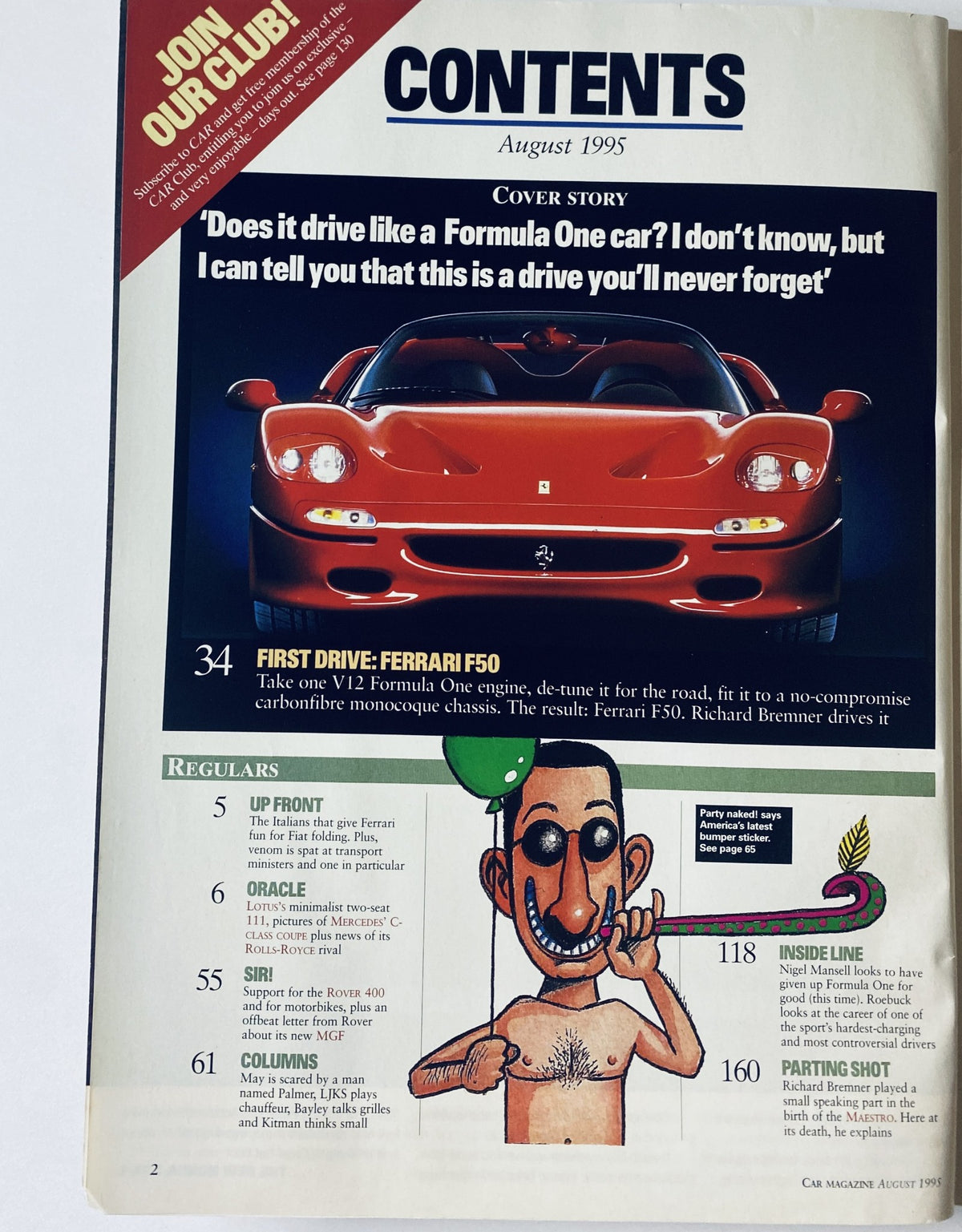 Inside page of CAR Magazine August 1995 highlighting the contents with a focus on the cover story 'First Drive: Ferrari F50' and various sections such as 'Up Front' and 'Inside Line', featuring a red Ferrari F50 image.