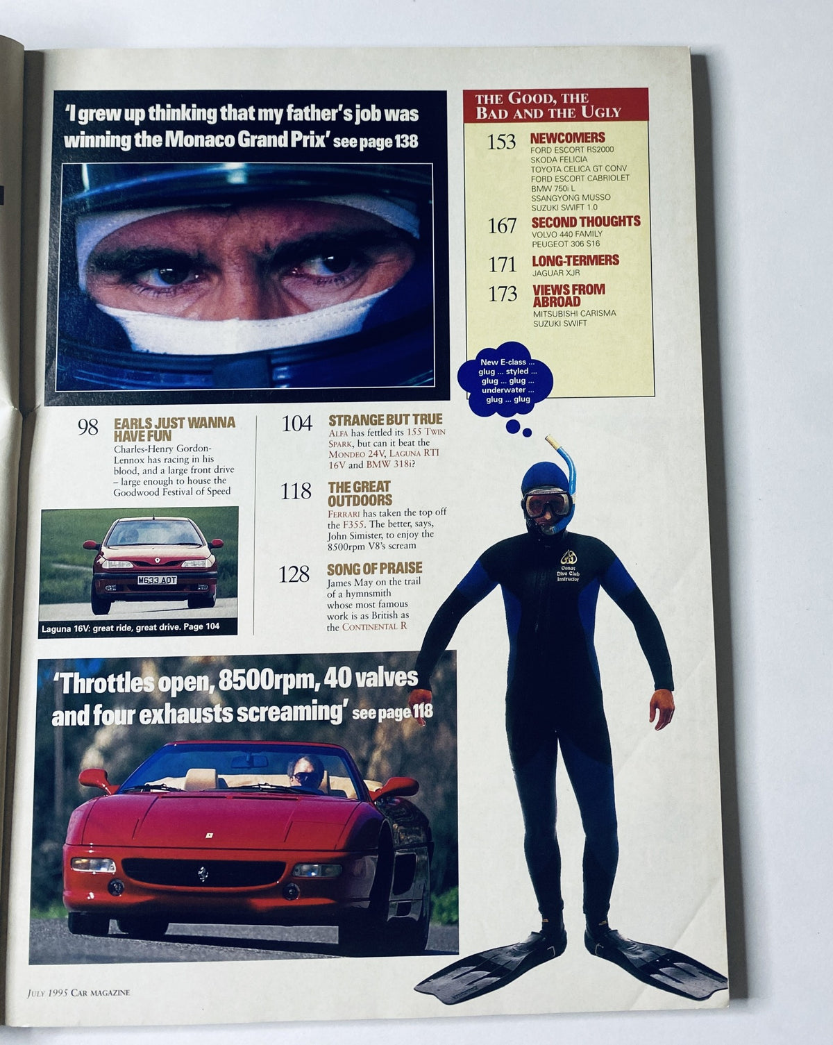 Insights from CAR Magazine July 1995 including discussion on Ferrari's achievements and F1 insights from Damon Hill.