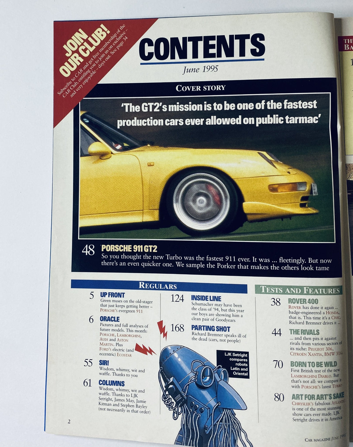Contents page of CAR Magazine June 1995, listing articles including the Porsche 911 GT2 and Rover 400, emphasizing key features and tests.