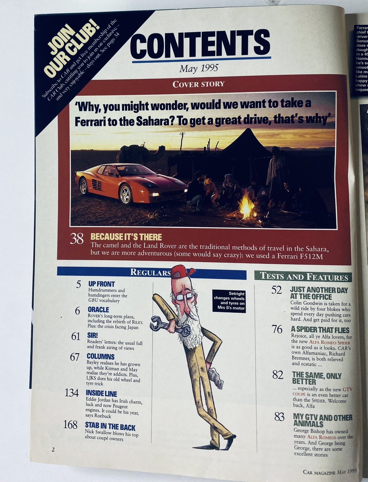 Contents page of CAR Magazine May 1995 showcasing the feature article 'Ferrari to the Sahara' and other magazine sections.