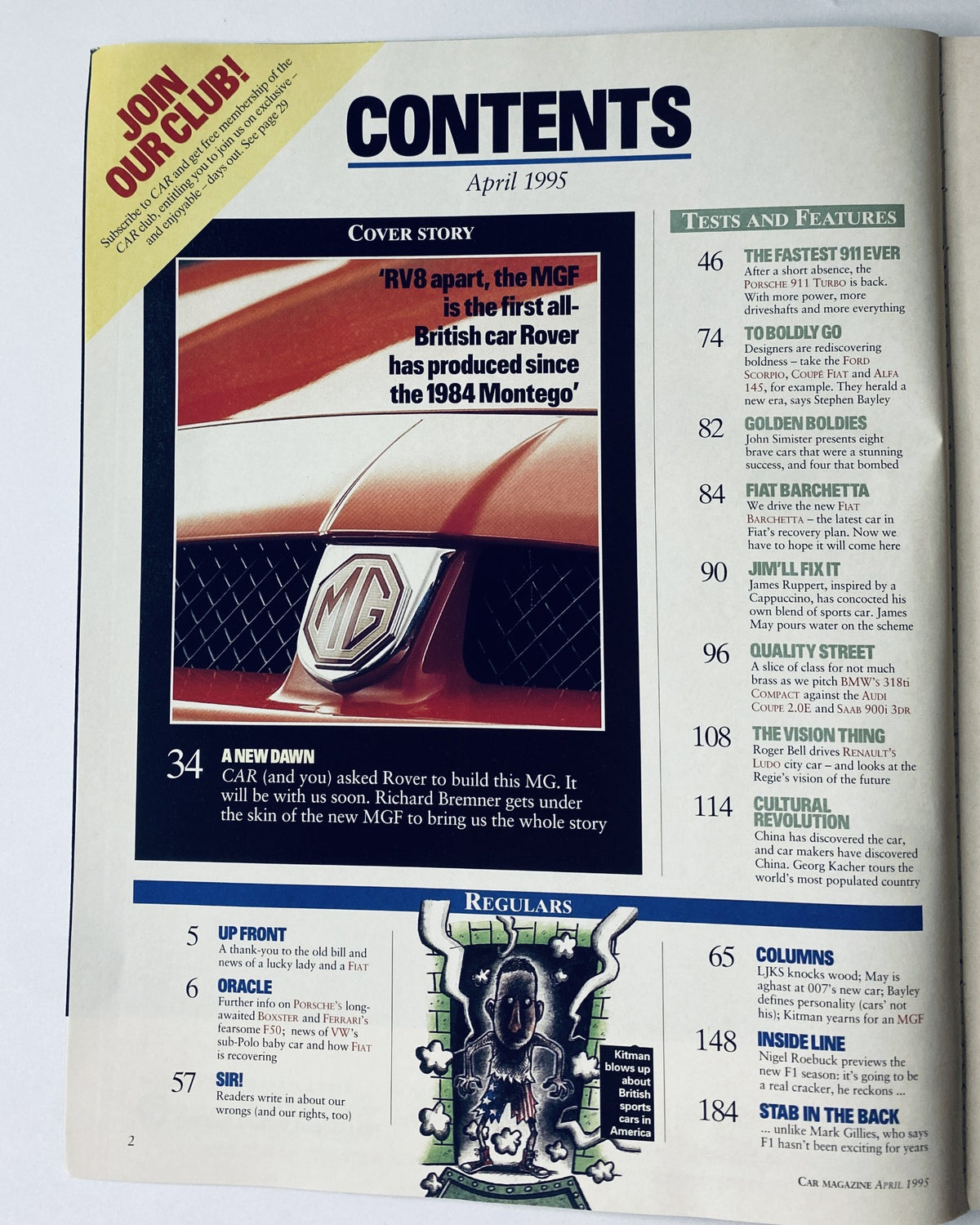 Contents page of CAR Magazine, April 1995, featuring the new MG MGF and article highlights on Porsche 911 Turbo and other car features.