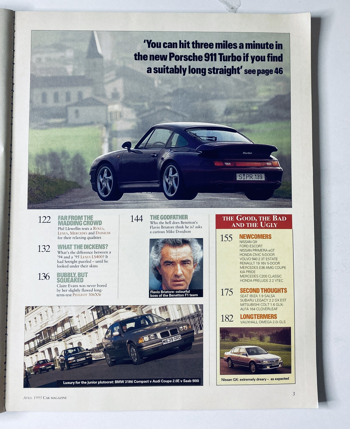 Article illustration in CAR Magazine, April 1995, showcasing the Porsche 911 Turbo with a scenic backdrop and accompanying text on its performance.