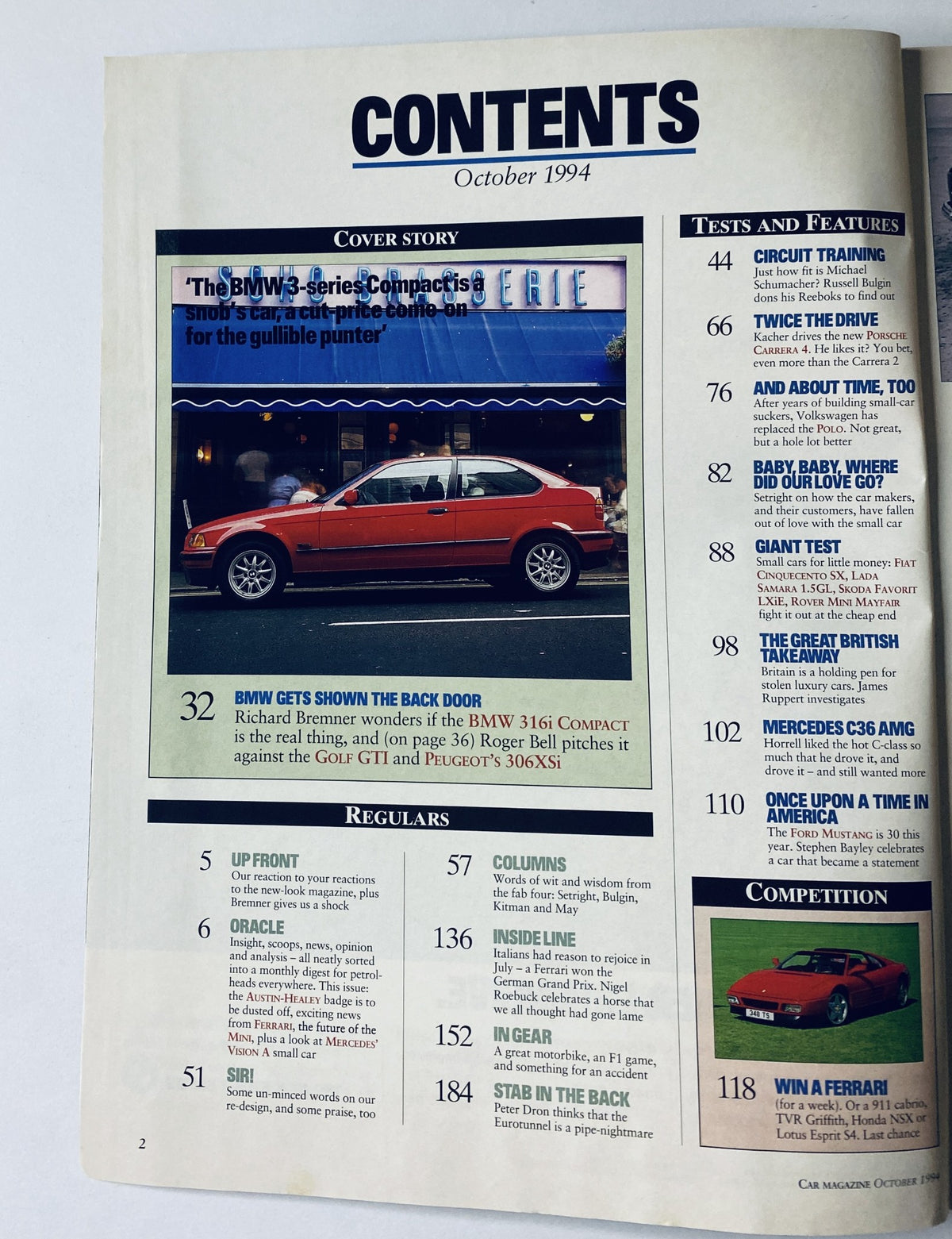 Table of Contents from CAR Magazine October 1994, highlighting the cover story about the BMW 316i Compact along with various tests and features, including the first British test of the Escort-priced hatchback.