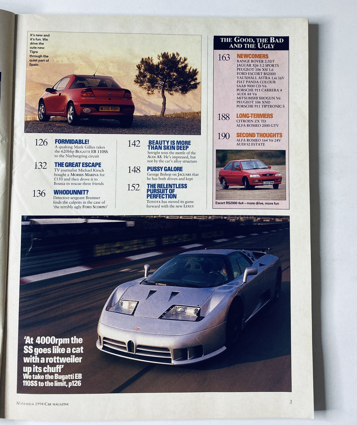 Interior page from CAR Magazine November 1994 featuring an article about the Bugatti EB110. The page includes a description highlighting the car's performance and specifications.