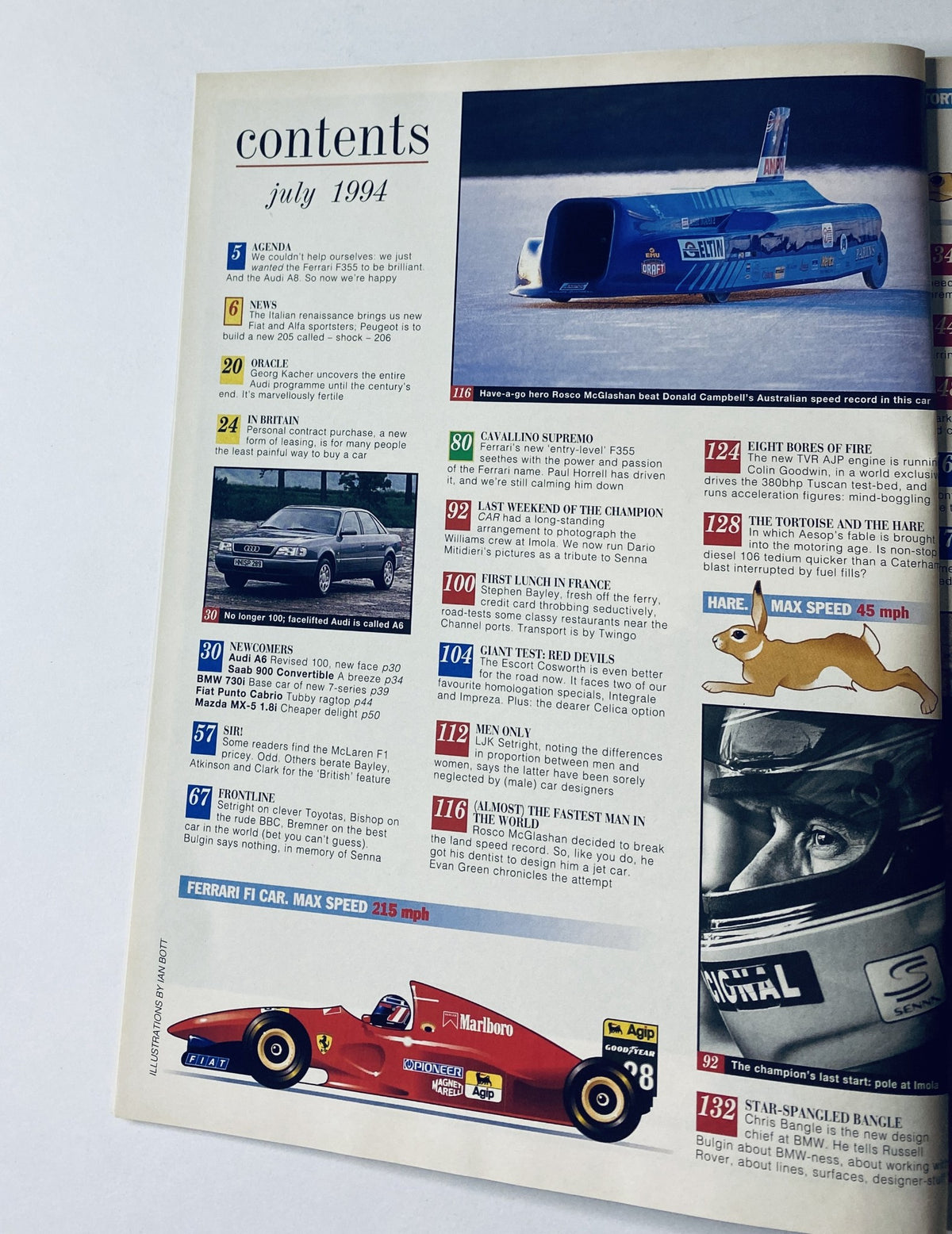 Contents page of CAR Magazine July 1994 displaying key articles including the Ferrari F355 and Rosco McGlashan's jet car, along with maximum speed statistics.