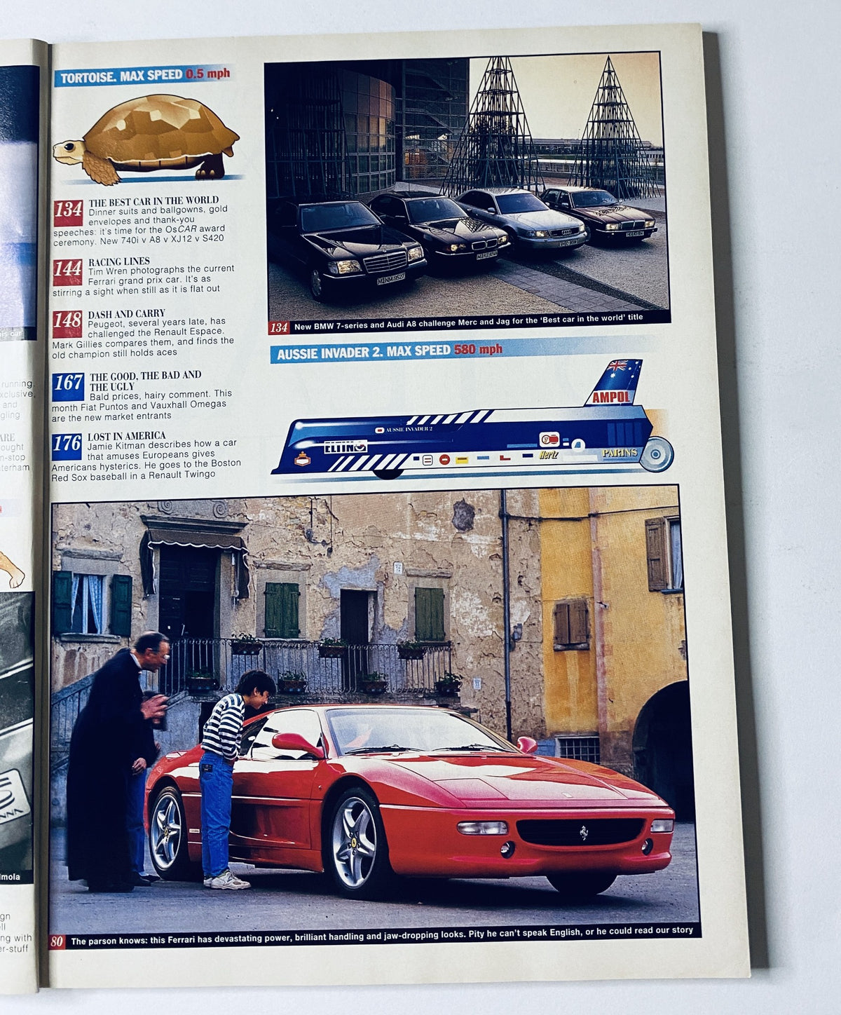 Page from CAR Magazine July 1994 showcasing the Ferrari F355 alongside other vehicles, with detailed performance stats including maximum speeds and car reviews.