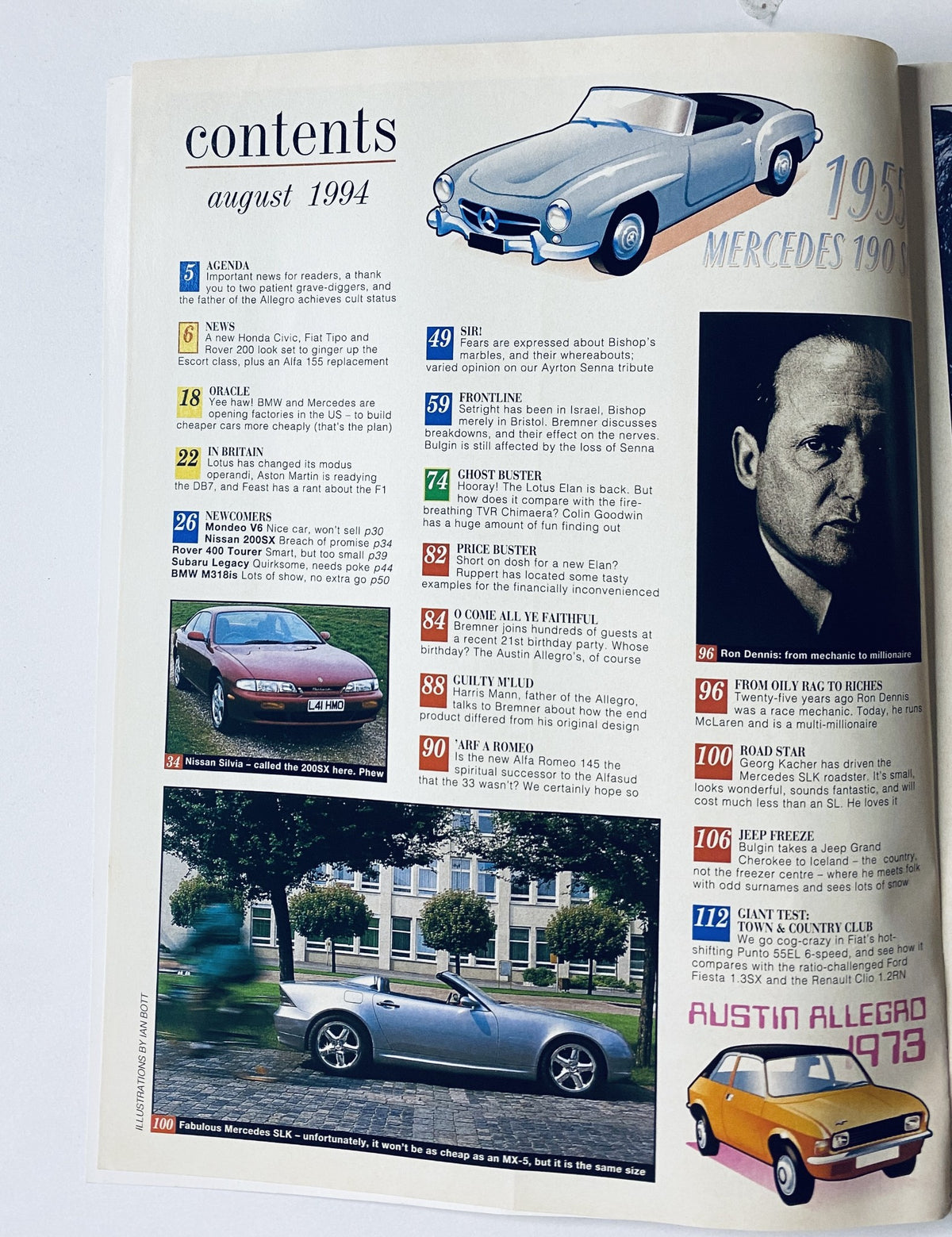 Table of Contents from CAR Magazine August 1994 featuring articles on Mercedes SLK and Lotus Elan.