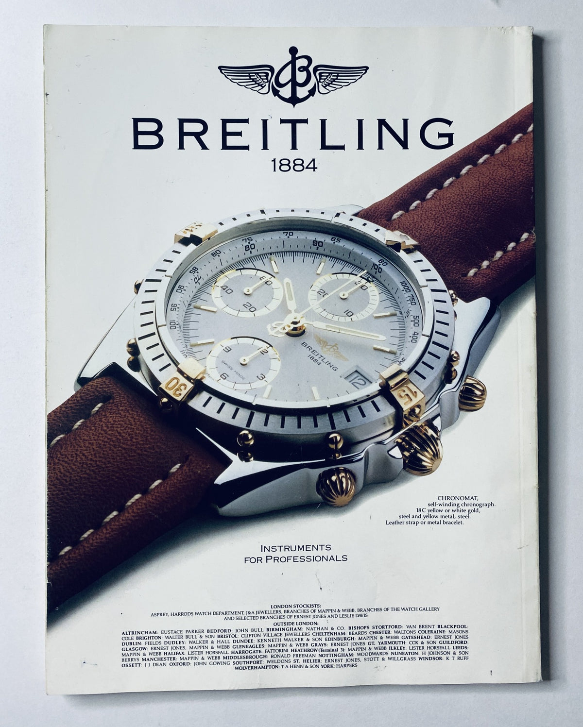 Breitling 1884 watch advertisement showcasing a professional chronograph with a sleek design and brown leather strap, featured in CAR Magazine January 1992 alongside articles on Ferrari 512TR and Bentley Continental R.