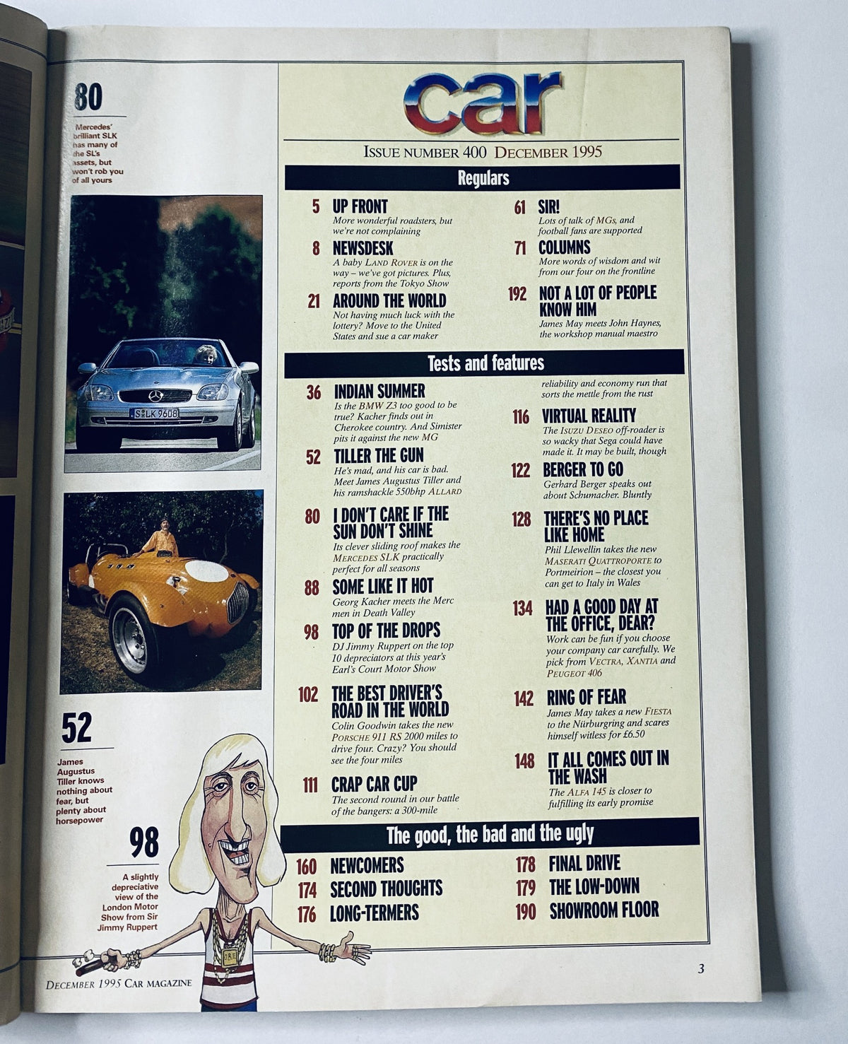 CAR Magazine December 1995 featuring a detailed table of contents showcasing articles on BMW Z3, Mercedes SLK, Land Rover, and various automotive tests and features.