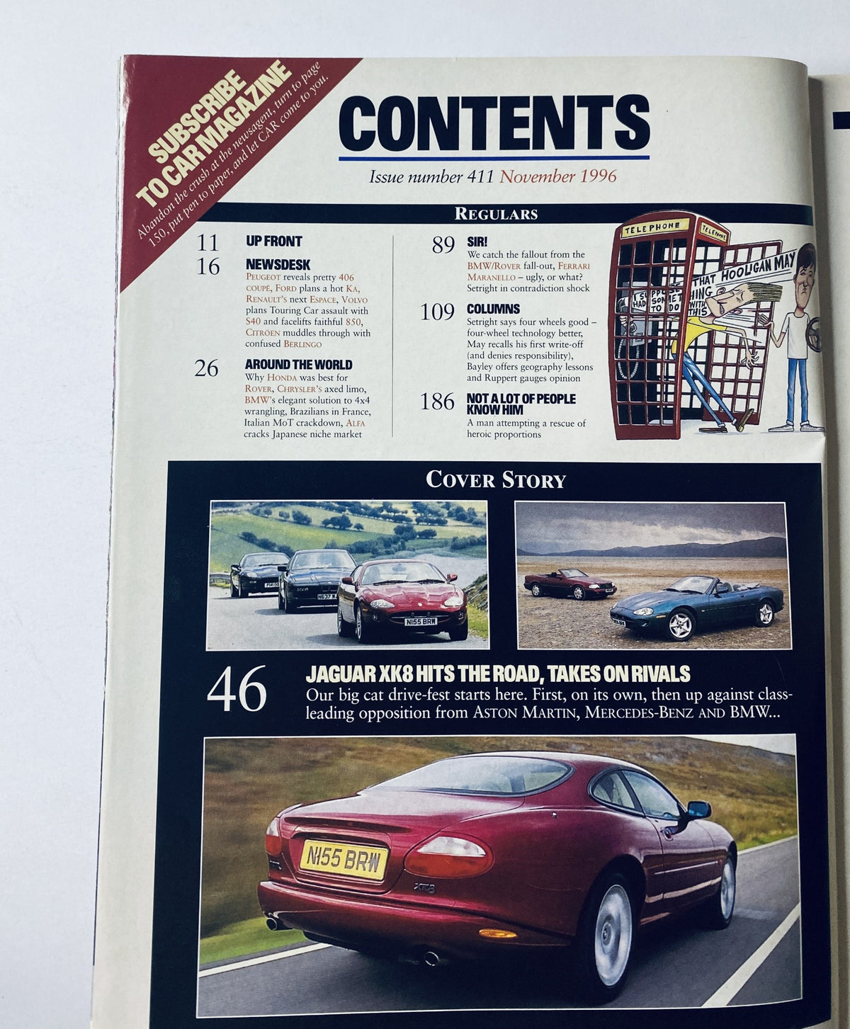 Contents page of CAR Magazine November 1996, listing articles such as 'UP FRONT', 'NEWSDESK', and the cover story on Jaguar XK8's road performance against rivals.
