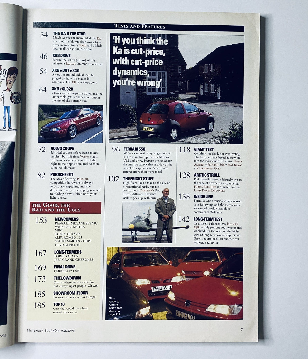 Test and features section of CAR Magazine November 1996, showcasing details on Ford Ka, Jaguar XK8, Volvo Coupe, and Ferrari 550, with headlines emphasizing price dynamics and long-term tests.