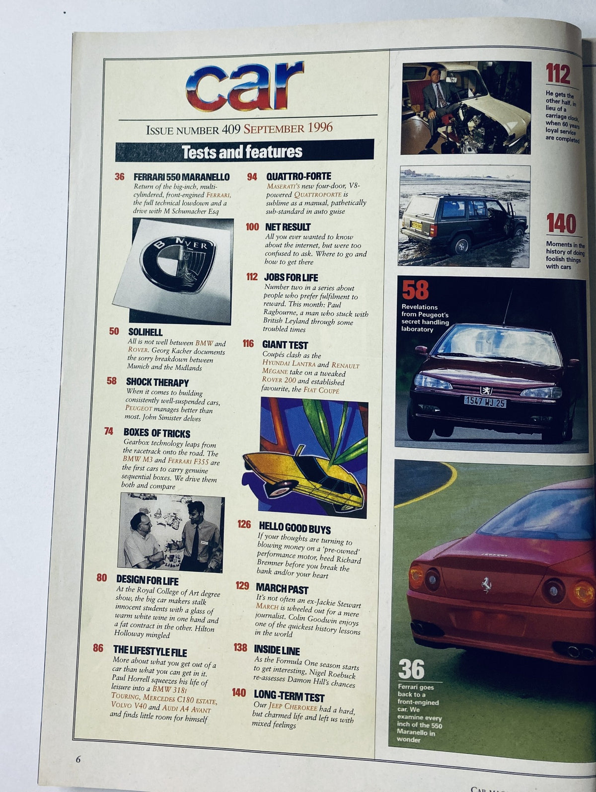 Table of Contents from CAR Magazine September 1996, featuring articles on Ferrari 550 Maranello, Quattro-Forte, and automotive industry insights.