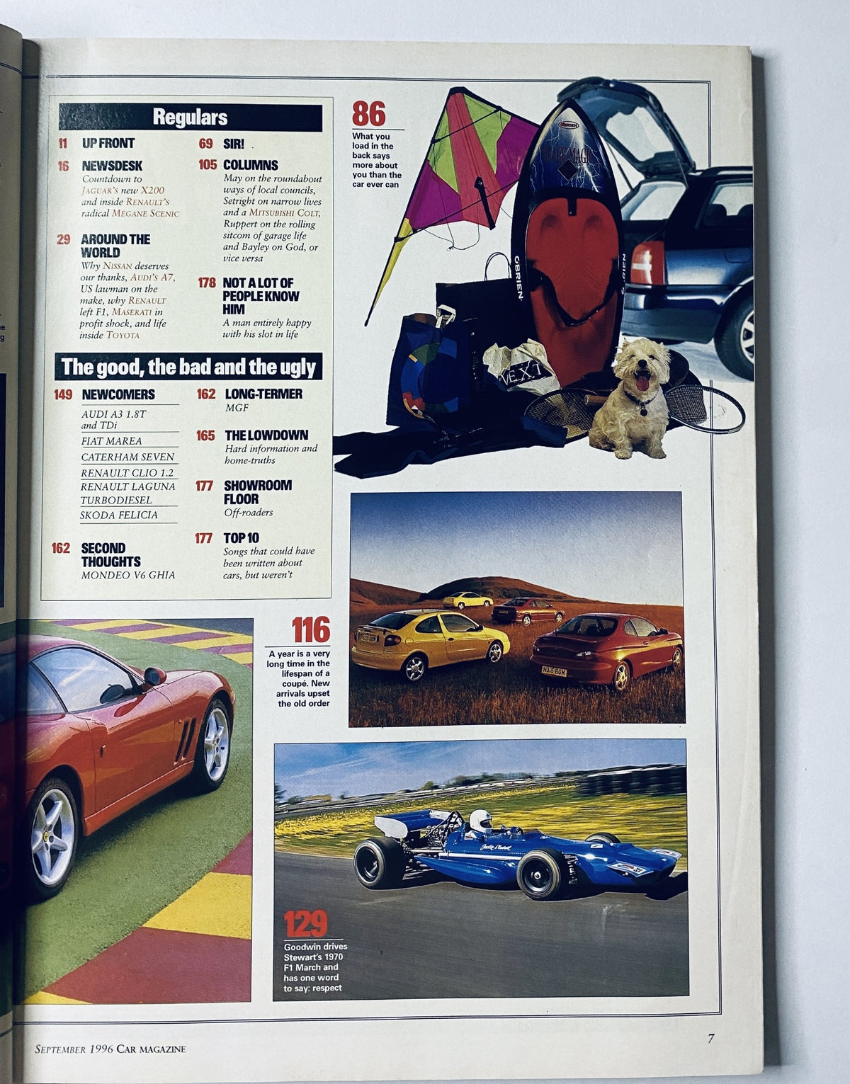 Regulars section from CAR Magazine September 1996, showcasing features including a review of Ferrari 550 Maranello and automotive comparisons.