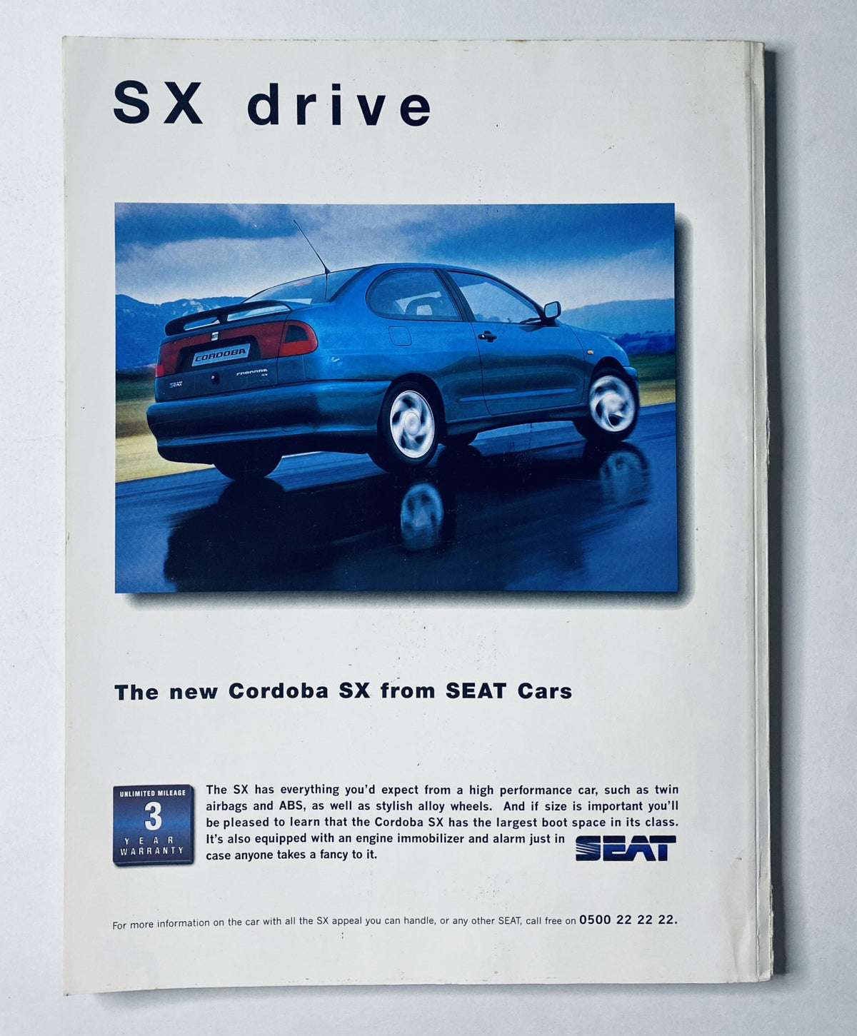 An advertisement from CAR Magazine September 1996 for the new Cordoba SX from SEAT Cars, emphasizing performance and safety features.
