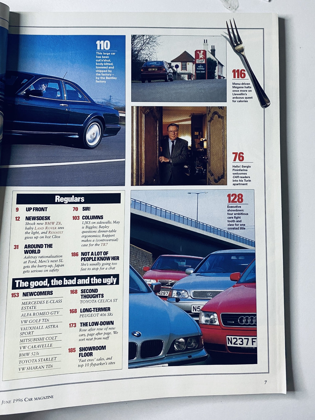 Regulars section of CAR Magazine June 1996 displaying various articles including newcomer vehicles and features on BMW and the Mercedes E-Class.